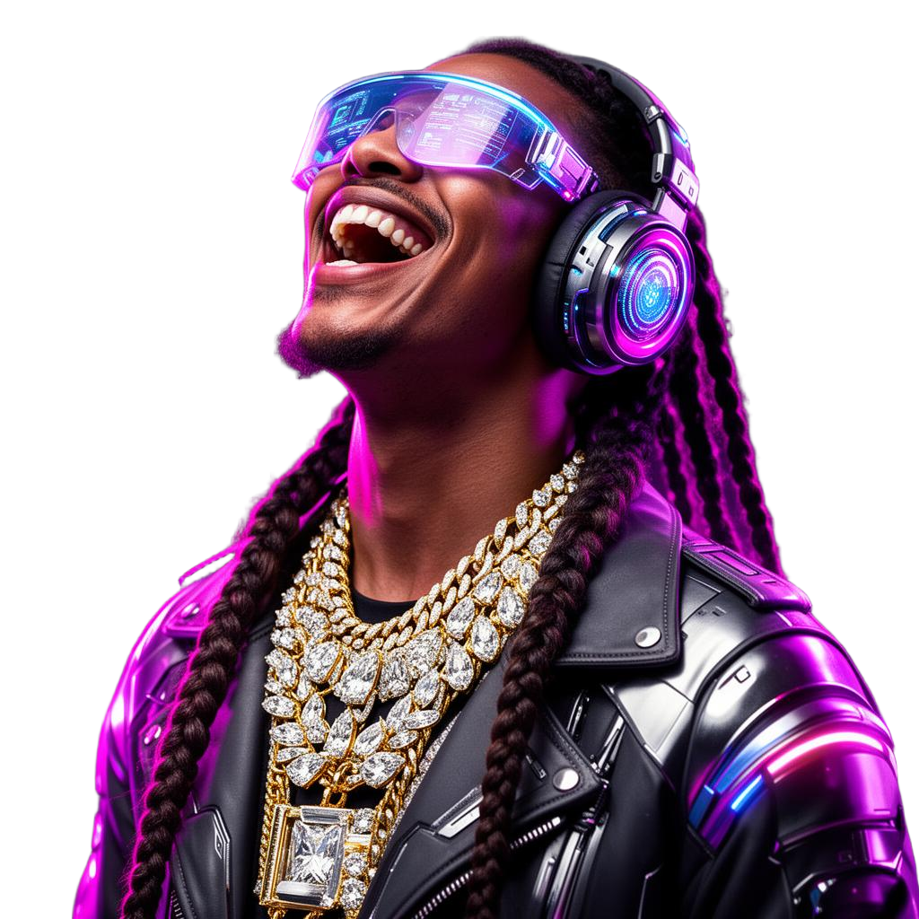 AI Starz rapper futuristico sorridente con collane bling, testa alta mentre canta un acuto